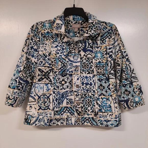 Chico's Size 2 Button Up Blazer Jacket Blue White Medallion 3/4 Sleeve Sz L Arts - Picture 1 of 14